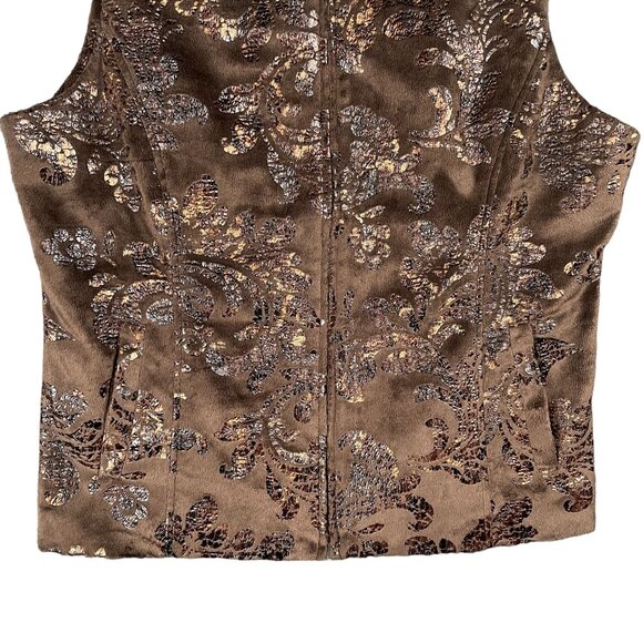 Erin London Vest L Brown Velvet Full Zip Metallic Warm Pockets Cozy Office Work - Picture 6 of 13